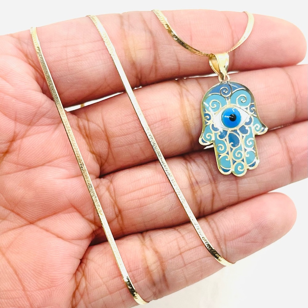 10K Gold Hamsa Herringbone Necklace